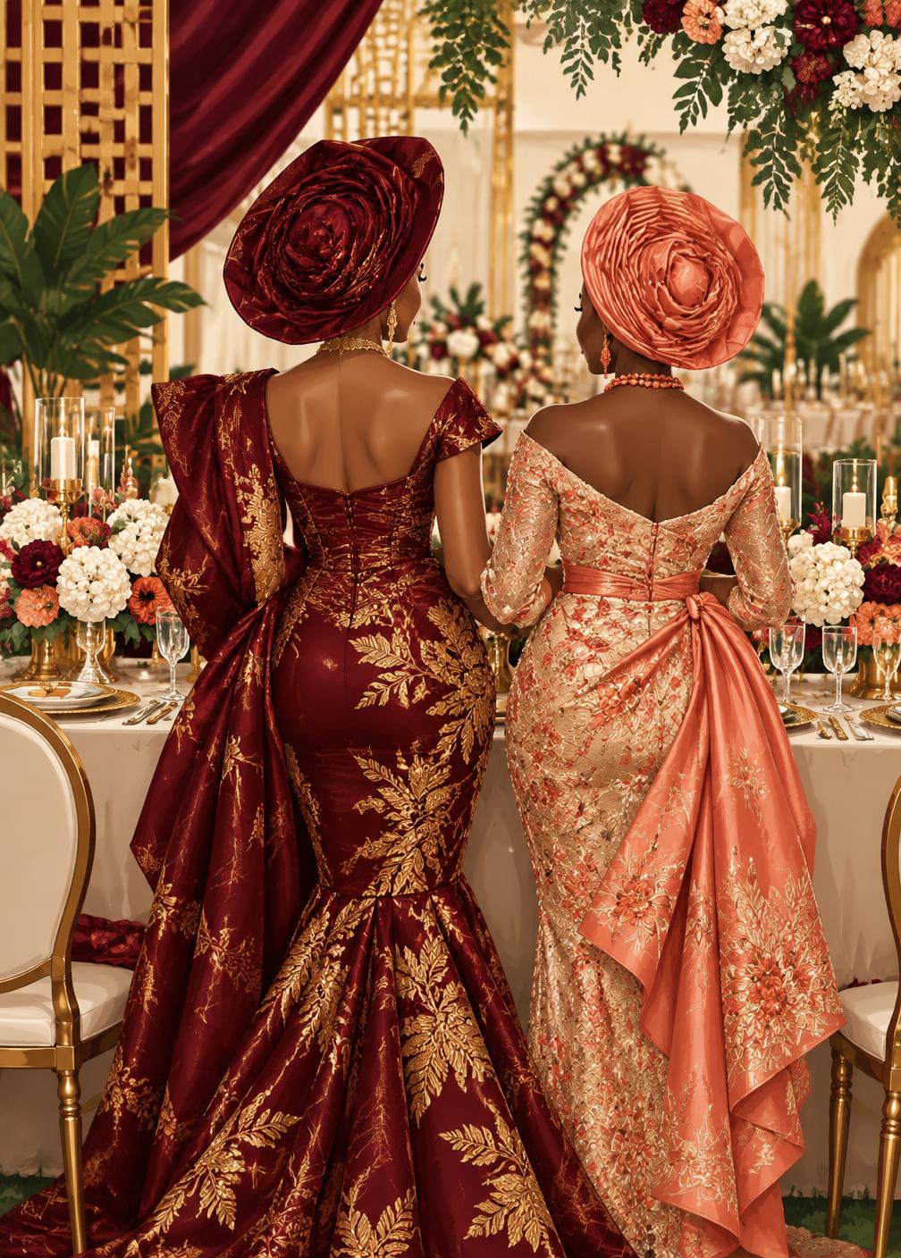 An elegant illustration of two women in vibrant burgundy and coral asoebi gowns with gele headwraps at a beautifully set Nigerian wedding celebration