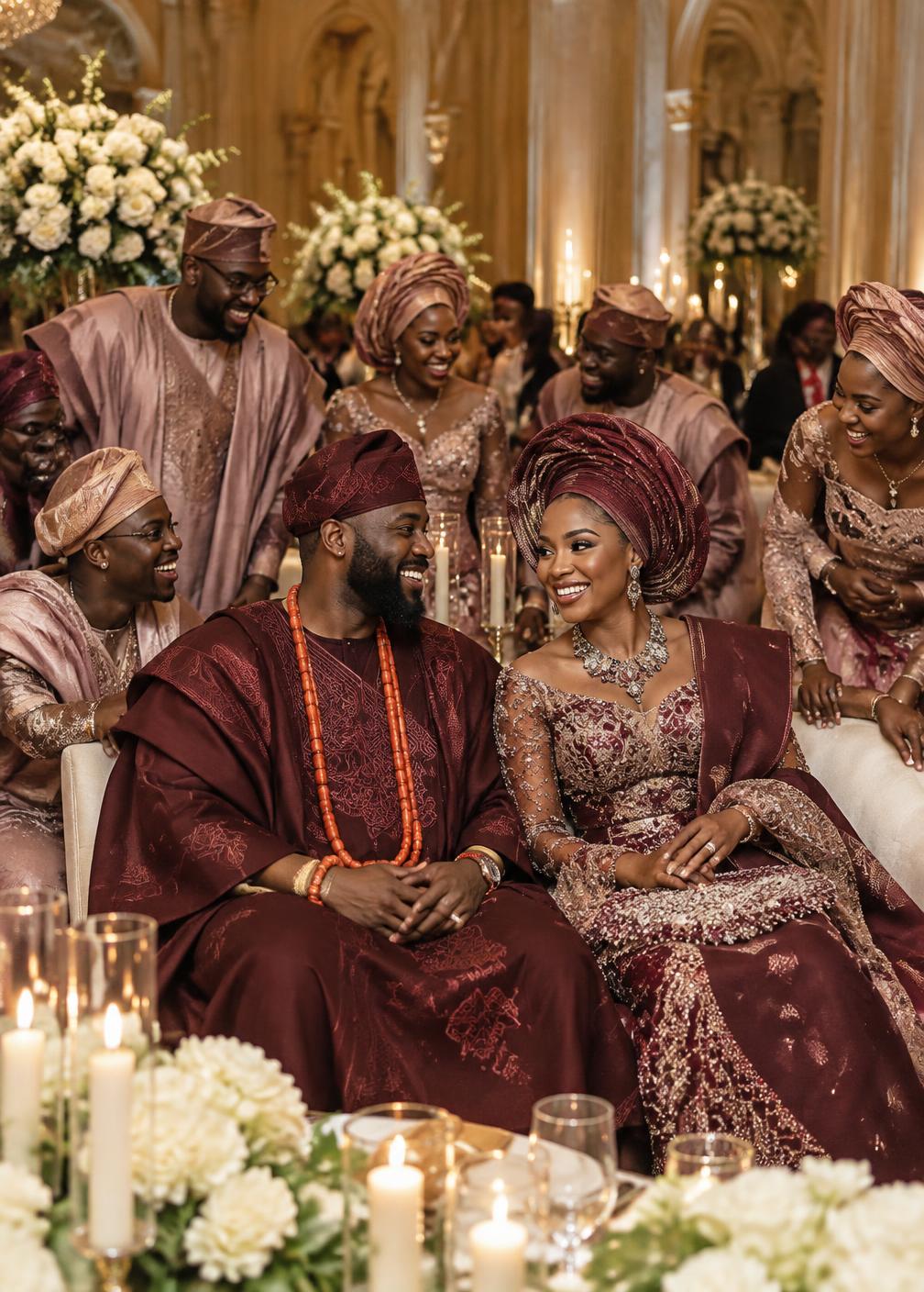 Nigerian couple in burgundy traditional wedding attire celebrating with their asoebi wedding party
