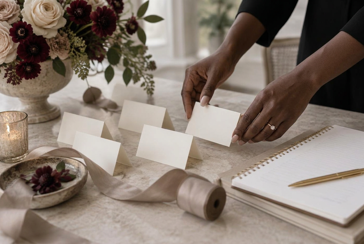 Wedding planner arranging ivory place cards and event details